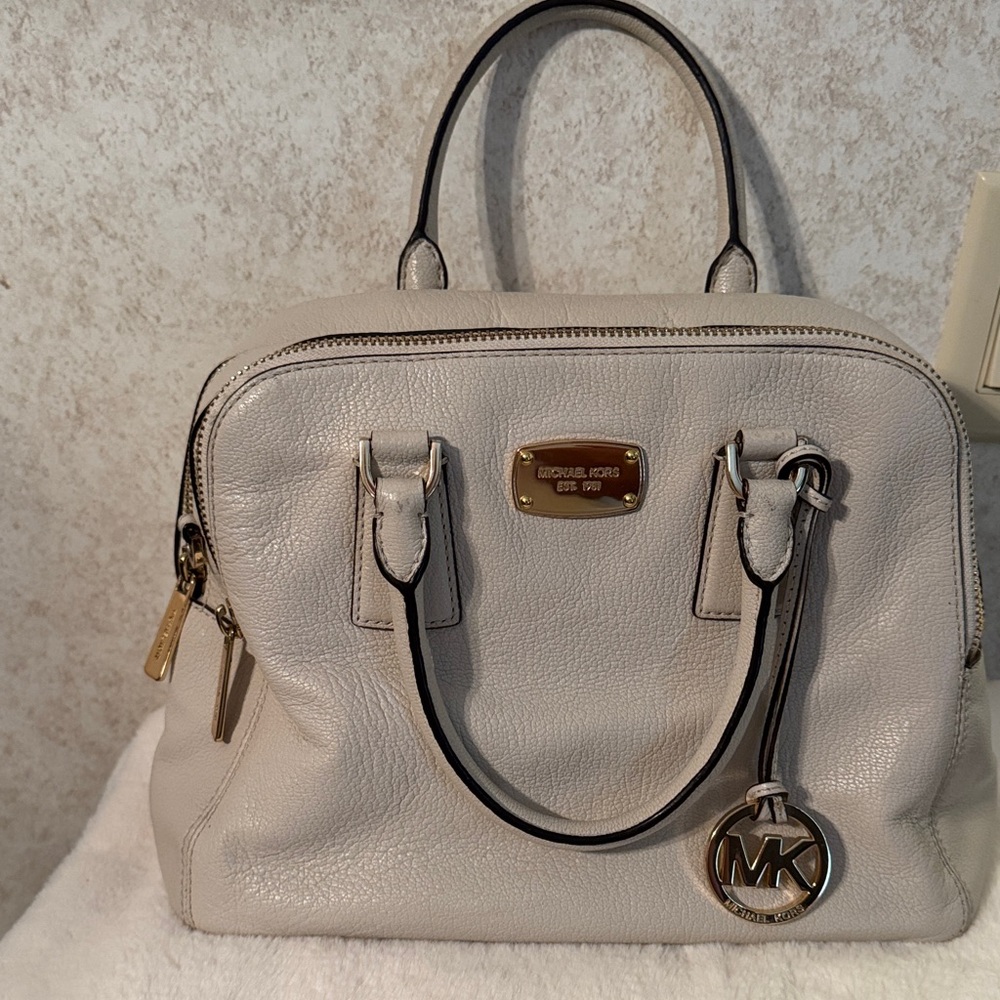 Michael Kors Cream Alexis Pebbled Leather Satchel with Gold Hardware